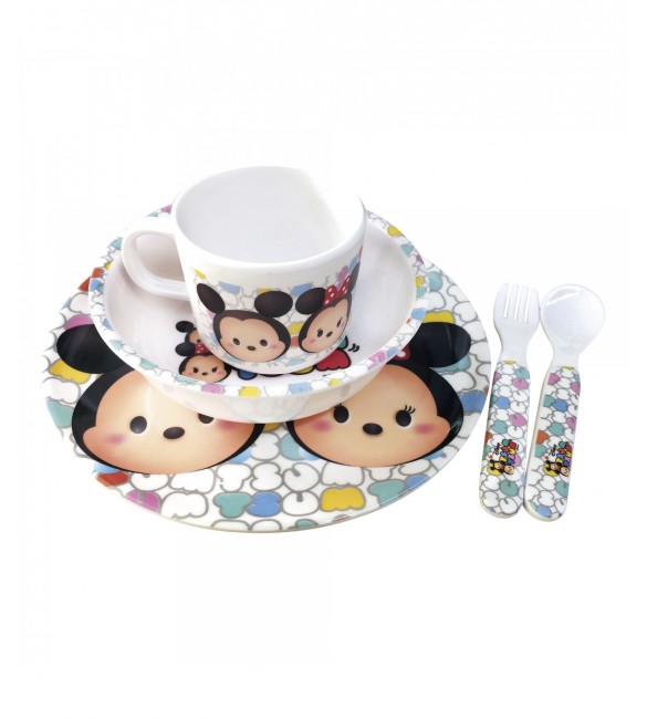 jogo De Refeição Infantil De Melamina Mickey & Minnie Branco Tsum Tsum - Disney 5 peças